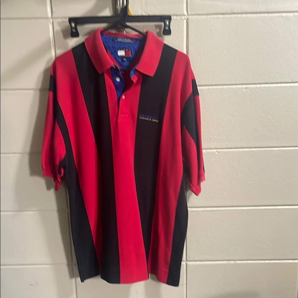 Y2K Tommy Hilfiger Red and Black Polo Shirt with Wide Vertical Stripes